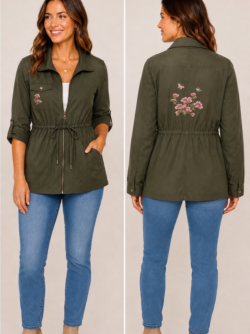 Ashley by 26 Olive Green Embroidered Jacket Size M (8-10) Embroidered Cotton